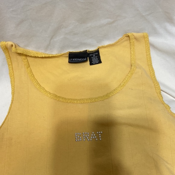 Tank top w/Brat on front in sliver small studs yellow lace around arms & neck - Picture 3 of 6
